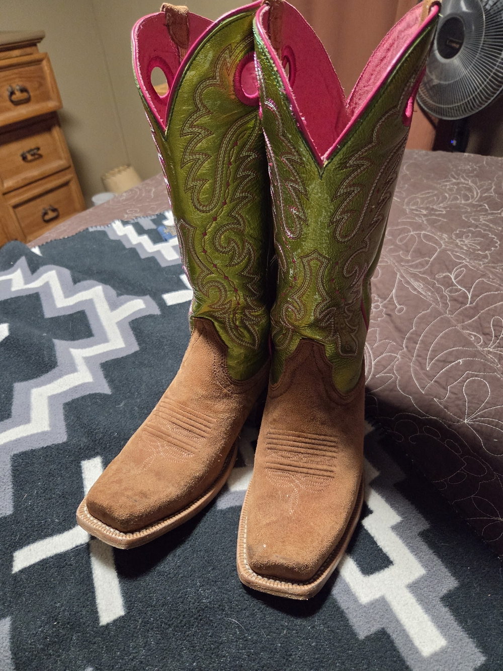 Brown Suede & Green Western Cowboy Boots with Pink Lining Ariat